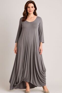 Comfy USA Lagenlook Long Dress Size S Gray 3/4 Sleeve Mesh Knit Flowy Bohemian